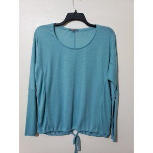 Retro-ology blue, long sleeve, tie hem, split back, lightweight sweater, size L